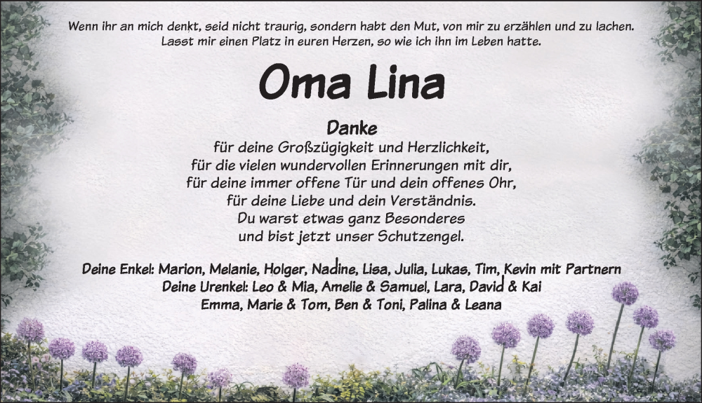  Traueranzeige für Oma Lina  vom 31.01.2026 aus GE