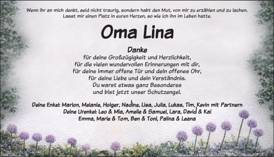 Traueranzeige von Oma Lina  von GE