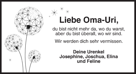 Traueranzeige von Oma Uri  von Neustadt/ Scheinfeld/ Uffenheim
