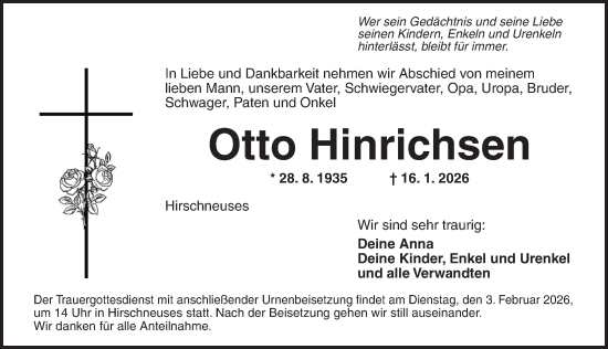 Traueranzeige von Otto Hinrichsen von Neustadt/ Scheinfeld/ Uffenheim