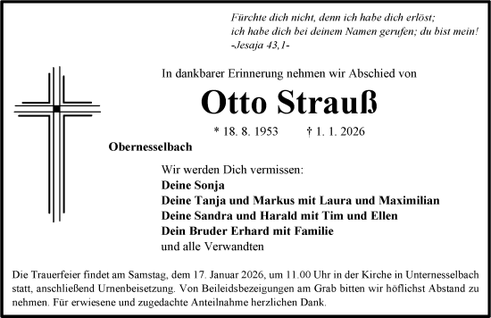 Traueranzeige von Otto Strauß von Neustadt/ Scheinfeld/ Uffenheim