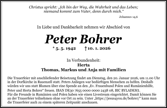 Traueranzeige von Peter Bohrer von Ansbach