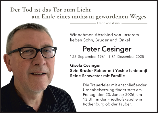 Traueranzeige von Peter Cesinger von Rothenburg
