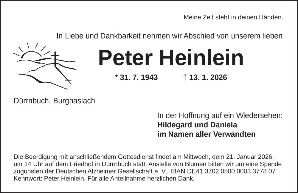  Traueranzeige für Peter Heinlein vom 17.01.2026 aus Neustadt/ Scheinfeld/ Uffenheim