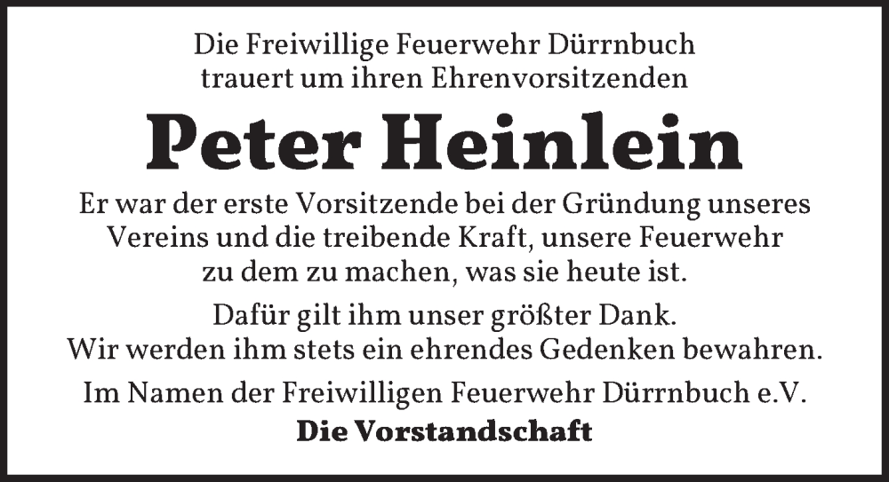  Traueranzeige für Peter Heinlein vom 17.01.2026 aus Neustadt/ Scheinfeld/ Uffenheim