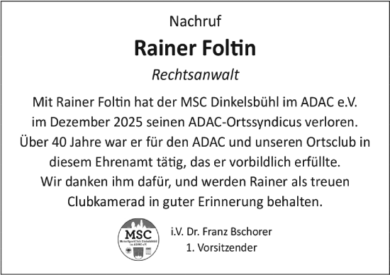 Traueranzeige von Rainer Foltin von Dinkelsbühl/ Feuchtwangen