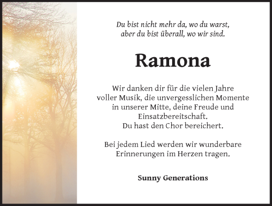 Traueranzeige von Ramona  von Ansbach