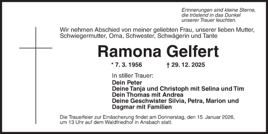 Traueranzeige von Ramona Gelfert von Ansbach
