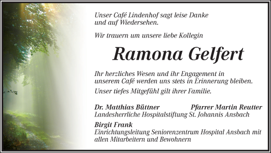 Traueranzeige von Ramona Gelfert von Ansbach