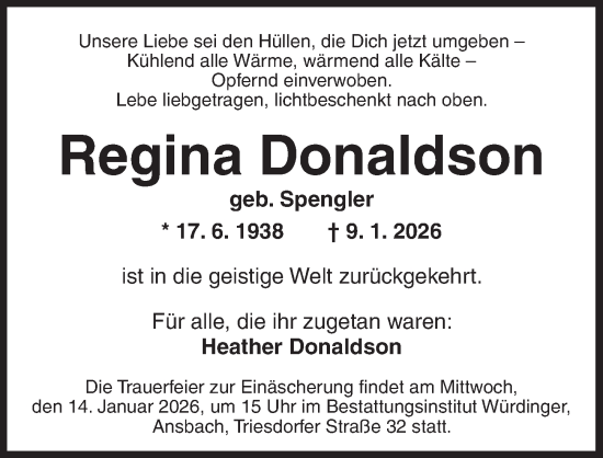 Traueranzeige von Regina Donaldson von Ansbach