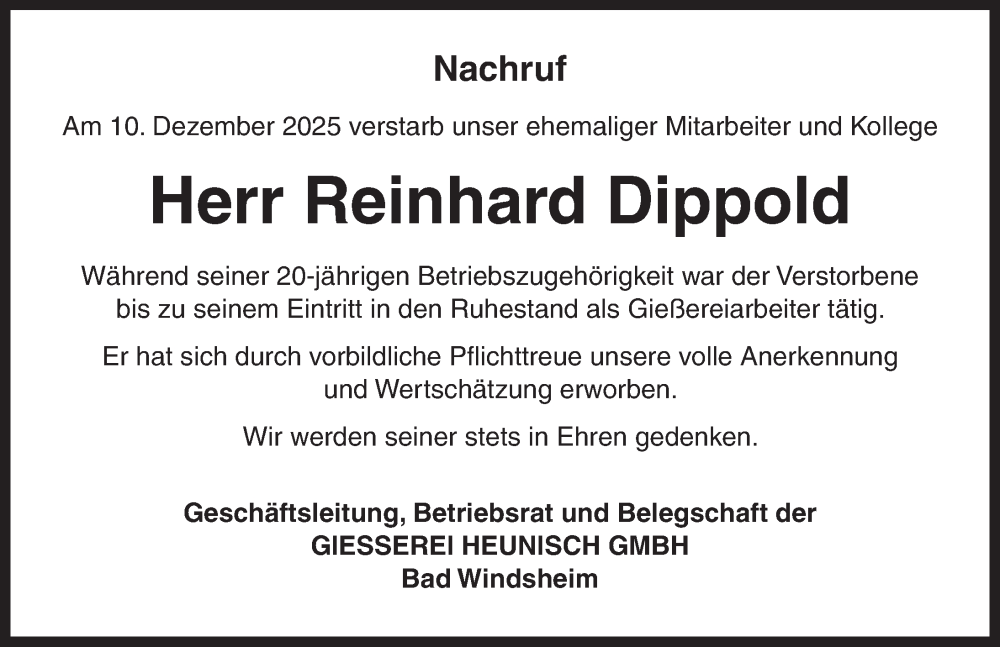  Traueranzeige für Reinhard Dippold vom 10.01.2026 aus Neustadt/ Scheinfeld/ Uffenheim