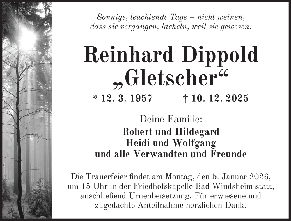  Traueranzeige für Reinhard Dippold vom 02.01.2026 aus Neustadt/ Scheinfeld/ Uffenheim