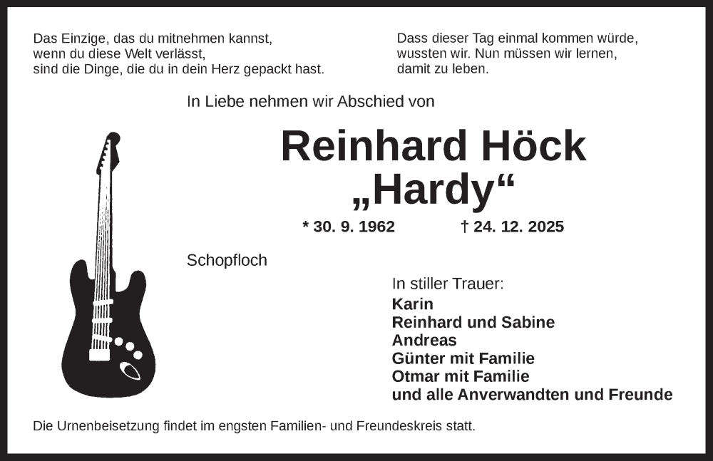  Traueranzeige für Reinhard Höck vom 09.01.2026 aus Dinkelsbühl/ Feuchtwangen