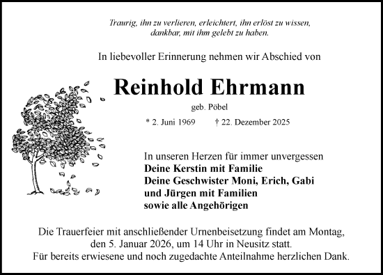Traueranzeige von Reinhold Ehrmann von Rothenburg