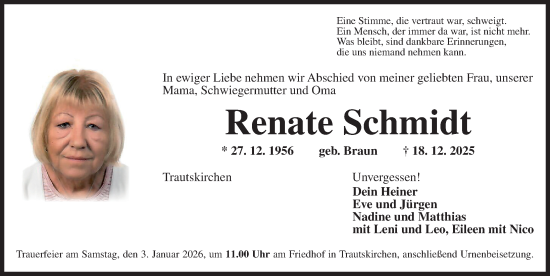 Traueranzeige von Renate Schmidt von Neustadt/ Scheinfeld/ Uffenheim