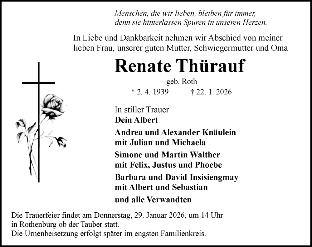  Traueranzeige für Renate Thürauf vom 27.01.2026 aus Rothenburg