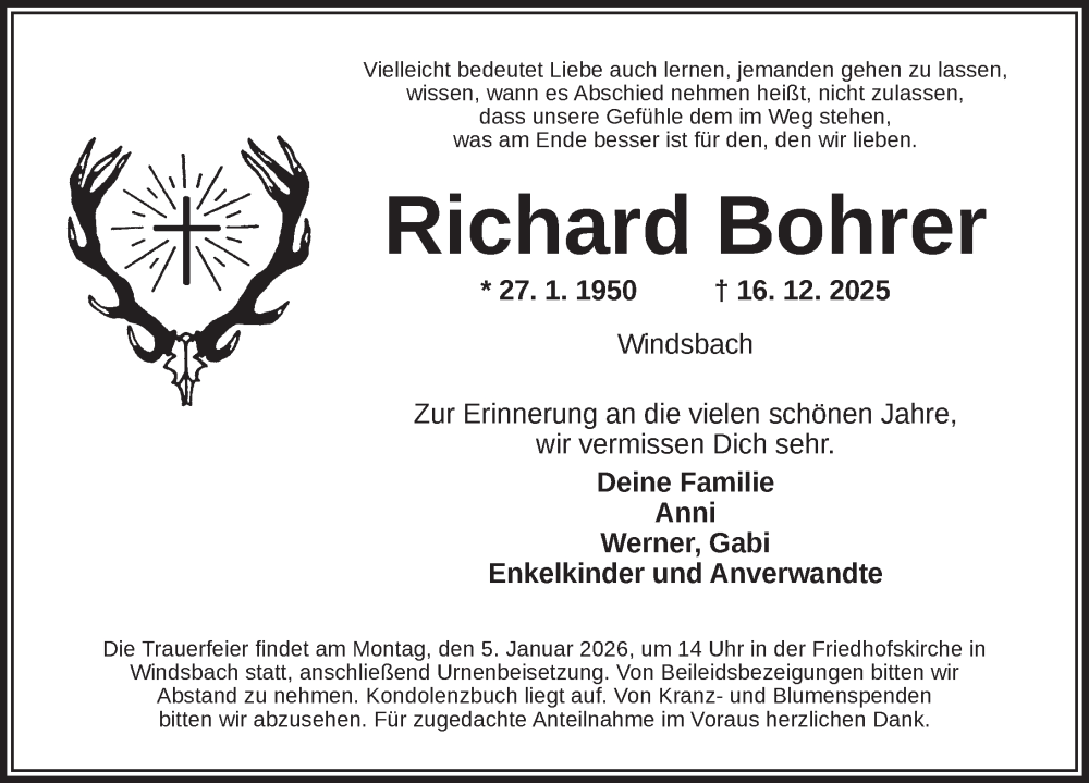  Traueranzeige für Richard Bohrer vom 02.01.2026 aus Ansbach