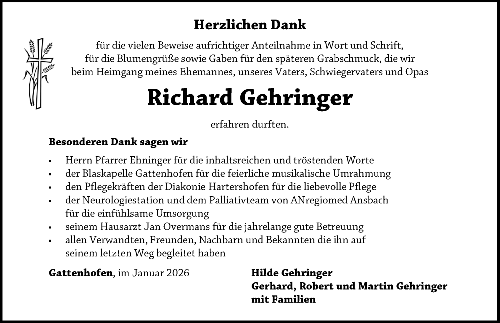  Traueranzeige für Richard Gehringer vom 31.01.2026 aus Rothenburg