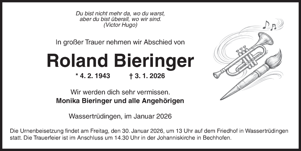  Traueranzeige für Roland Bieringer vom 22.01.2026 aus Dinkelsbühl/ Feuchtwangen