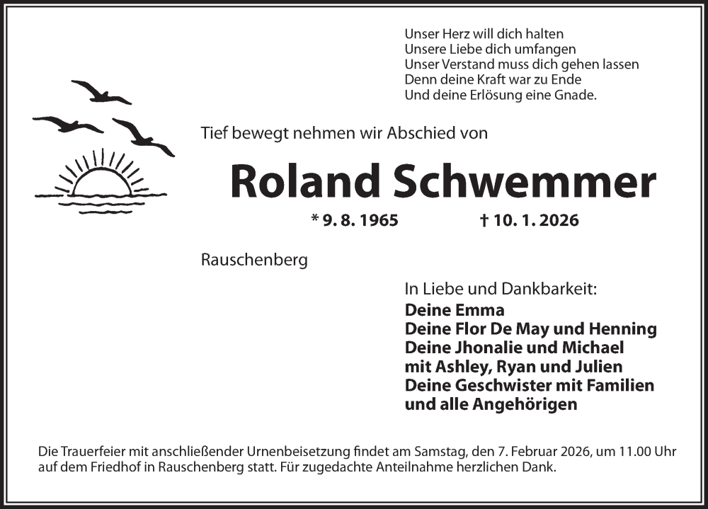  Traueranzeige für Roland Schwemmer vom 31.01.2026 aus Neustadt/ Scheinfeld/ Uffenheim