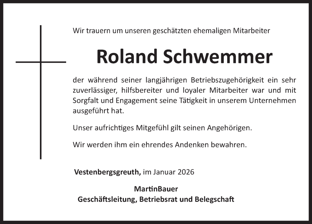  Traueranzeige für Roland Schwemmer vom 20.01.2026 aus Neustadt/ Scheinfeld/ Uffenheim