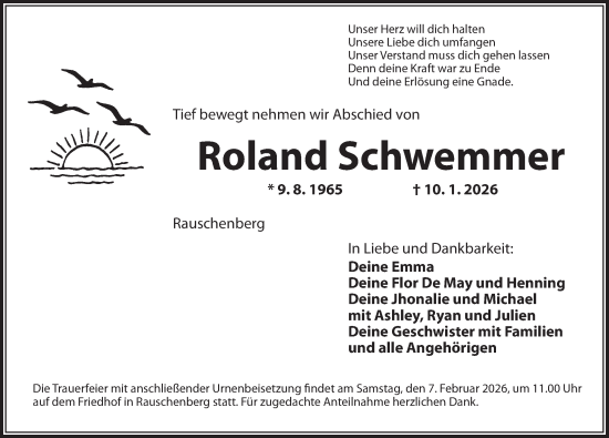 Traueranzeige von Roland Schwemmer von Neustadt/ Scheinfeld/ Uffenheim