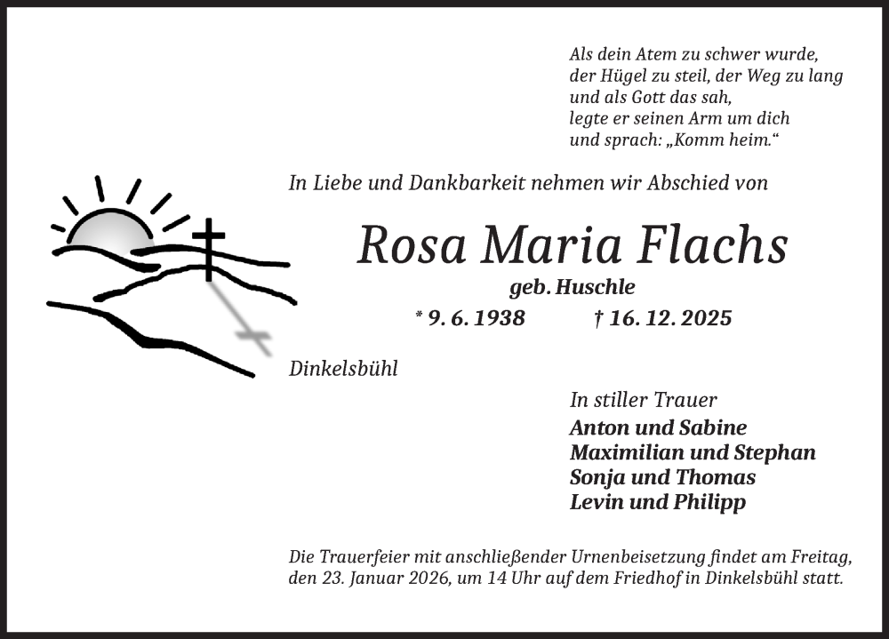  Traueranzeige für Rosa Maria Flachs vom 17.01.2026 aus Dinkelsbühl/ Feuchtwangen