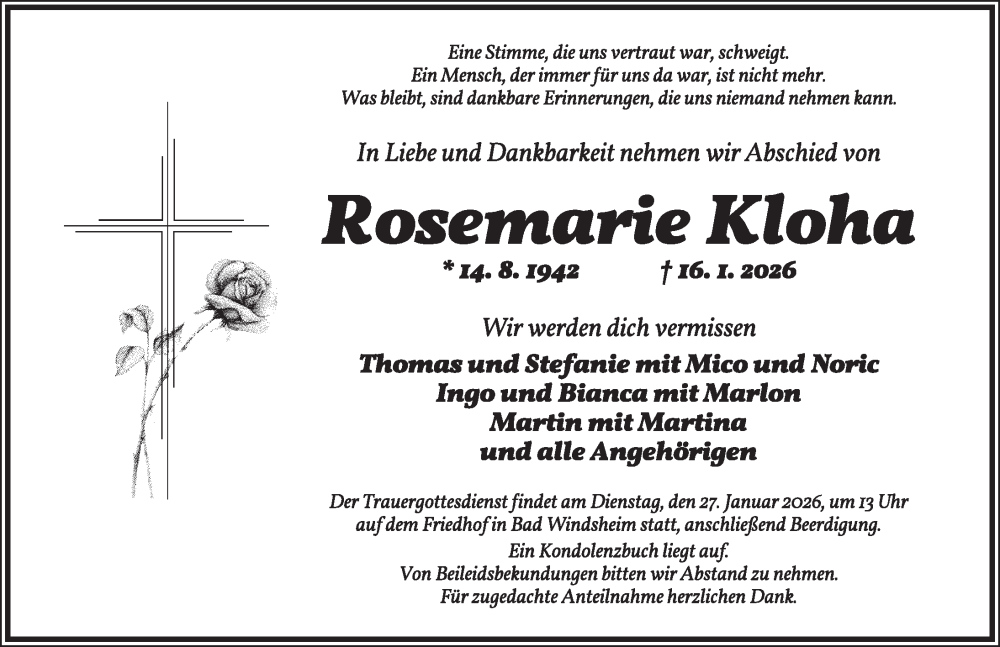  Traueranzeige für Rosemarie Kloha vom 24.01.2026 aus Neustadt/ Scheinfeld/ Uffenheim