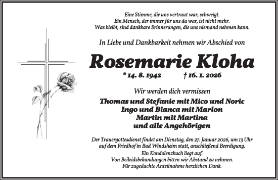 Traueranzeige von Rosemarie Kloha von Neustadt/ Scheinfeld/ Uffenheim