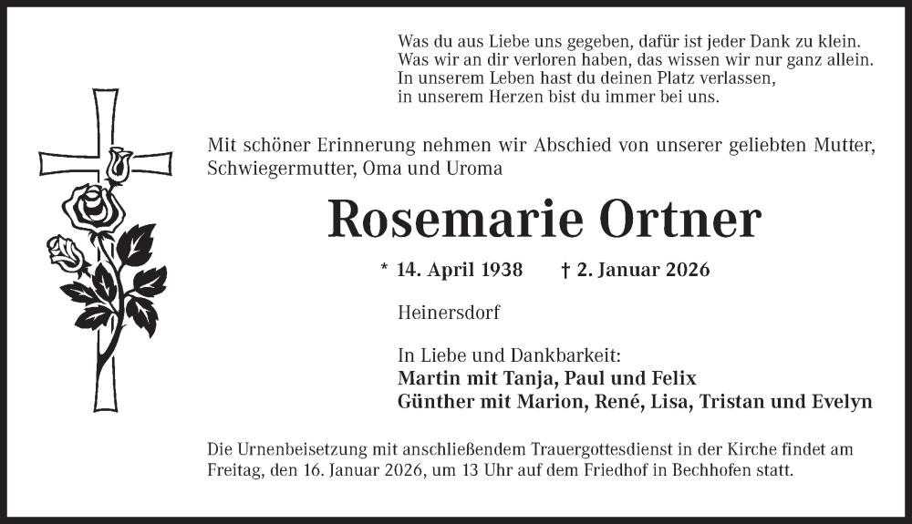  Traueranzeige für Rosemarie Ortner vom 14.01.2026 aus Dinkelsbühl/ Feuchtwangen
