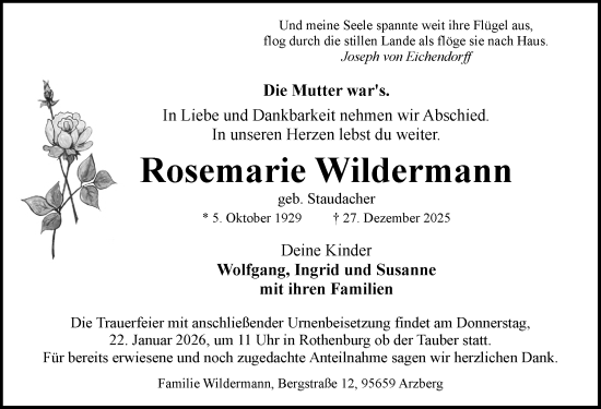 Traueranzeige von Rosemarie Wildermann von Rothenburg