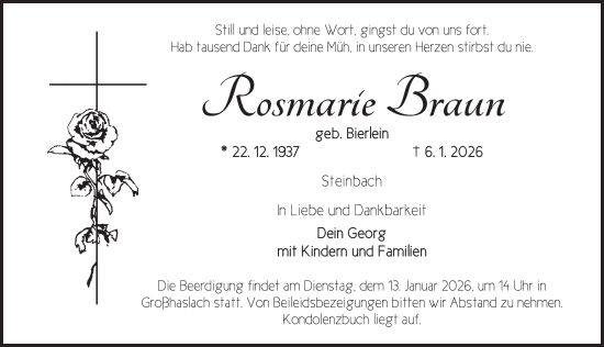 Traueranzeige von Rosmarie Braun von Ansbach