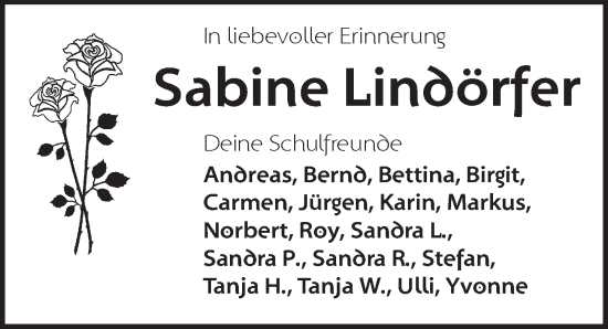 Traueranzeige von Sabine Lindörfer von Dinkelsbühl/ Feuchtwangen