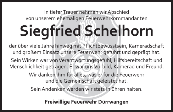Traueranzeige von Siegfried Schelhorn von Dinkelsbühl/ Feuchtwangen