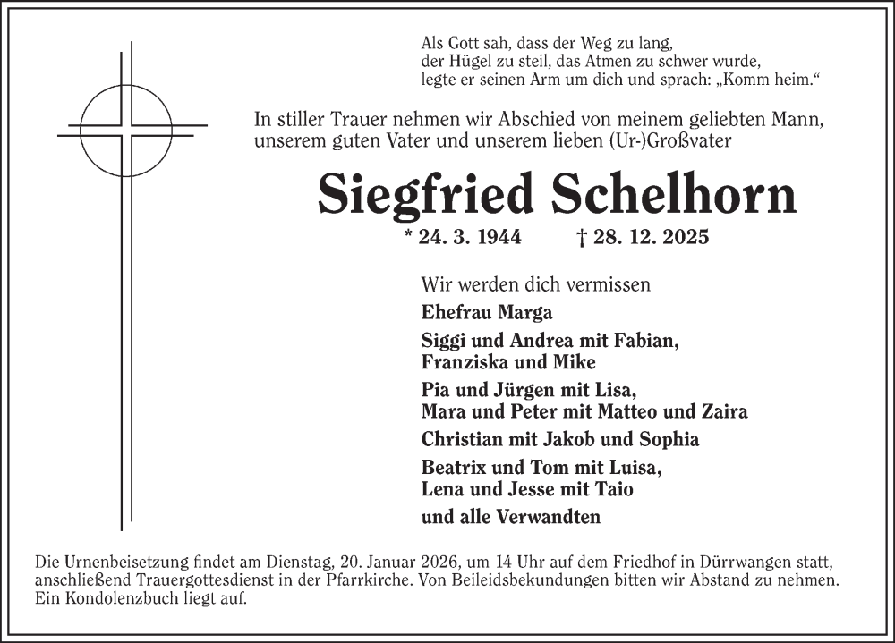  Traueranzeige für Siegfried Schelhorn vom 17.01.2026 aus Dinkelsbühl/ Feuchtwangen