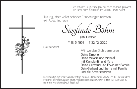 Traueranzeige von Sieglinde Böhm von Ansbach