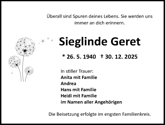 Traueranzeige von Sieglinde Geret von Ansbach
