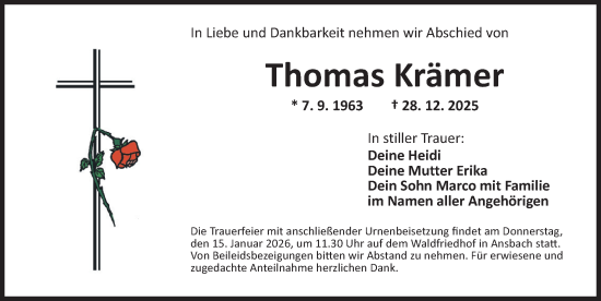 Traueranzeige von Thomas Krämer von Ansbach