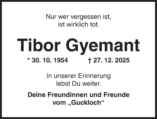 Traueranzeige von Tibor Gyemant von Rothenburg