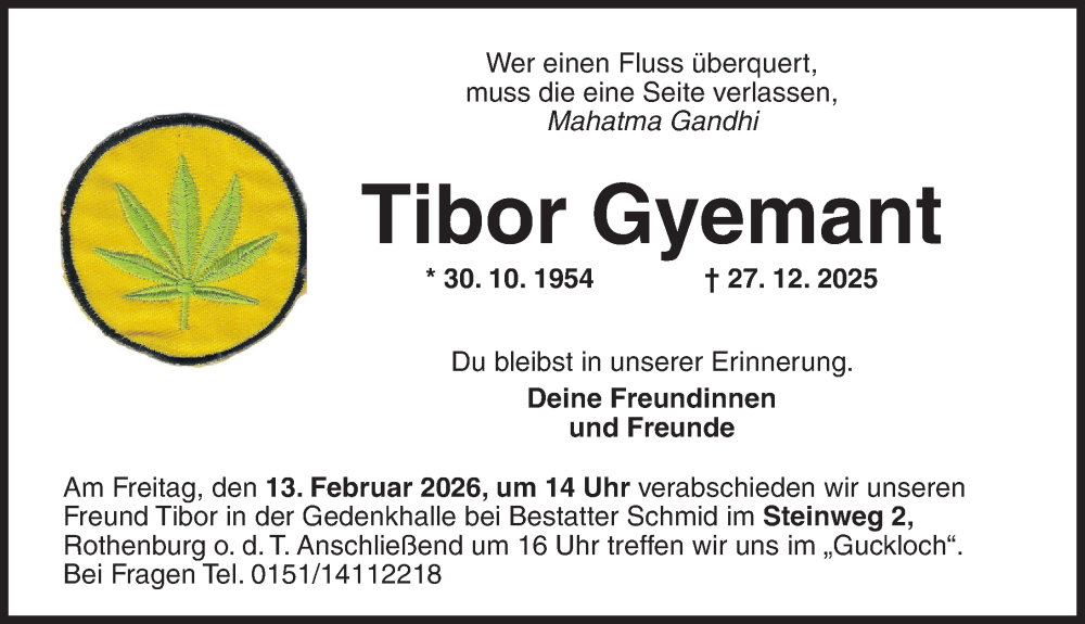  Traueranzeige für Tibor Gyemant vom 24.01.2026 aus Rothenburg