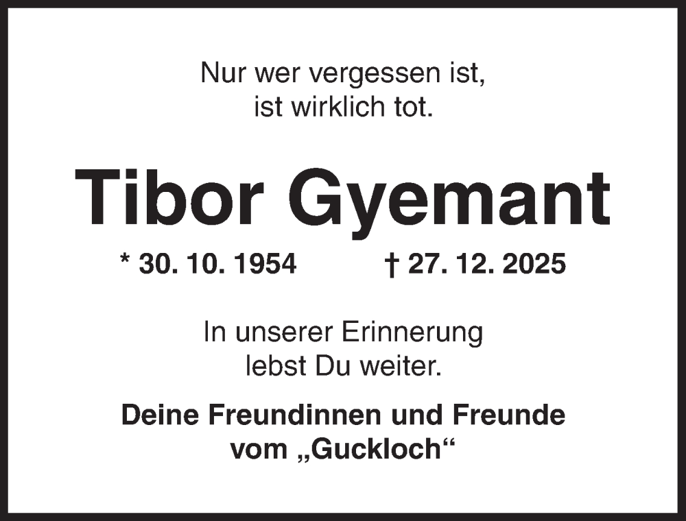  Traueranzeige für Tibor Gyemant vom 24.01.2026 aus Rothenburg