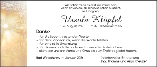 Traueranzeige von Ursula Klüpfel von Neustadt/ Scheinfeld/ Uffenheim