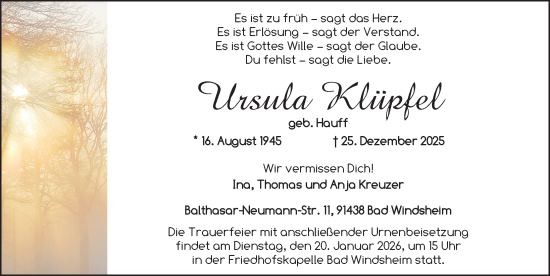 Traueranzeige von Ursula Klüpfel von Neustadt/ Scheinfeld/ Uffenheim