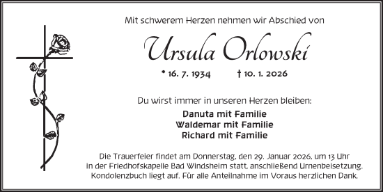Traueranzeige von Ursula Orlowski von Neustadt/ Scheinfeld/ Uffenheim