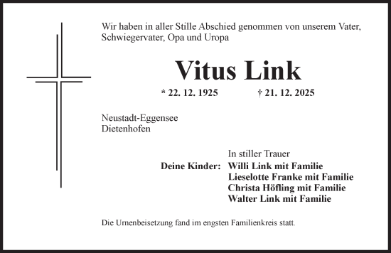 Traueranzeige von Vitus Link von Neustadt/ Scheinfeld/ Uffenheim