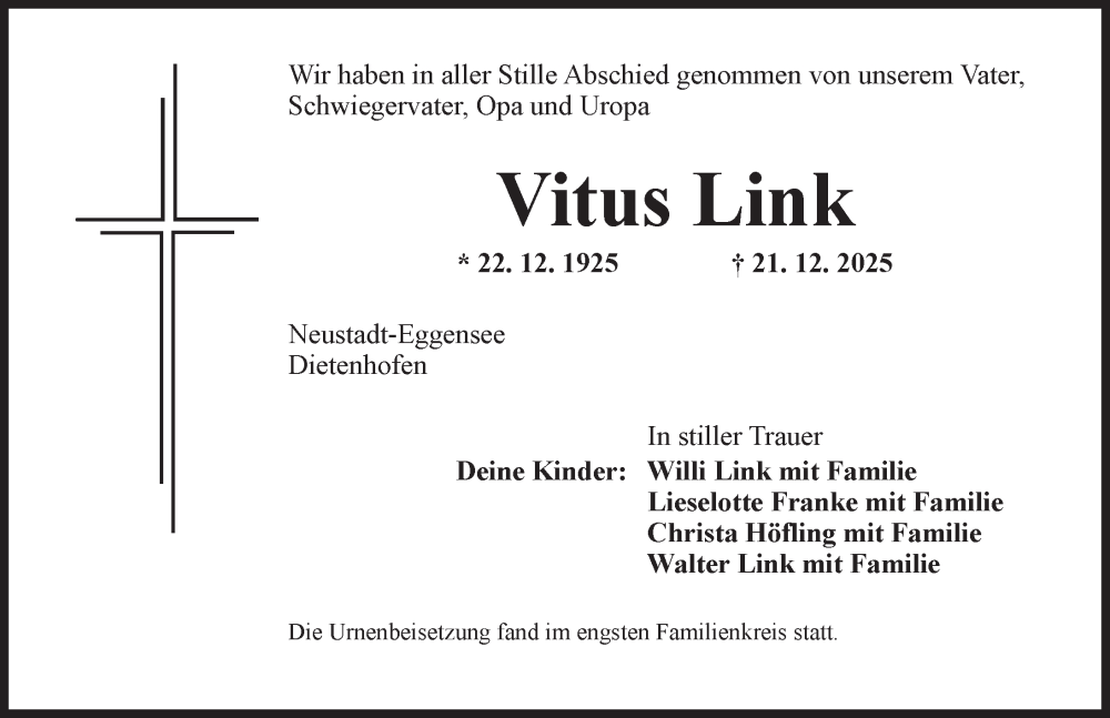  Traueranzeige für Vitus Link vom 17.01.2026 aus Neustadt/ Scheinfeld/ Uffenheim