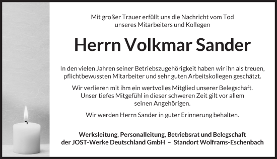 Traueranzeige von Volkmar Sander von Ansbach
