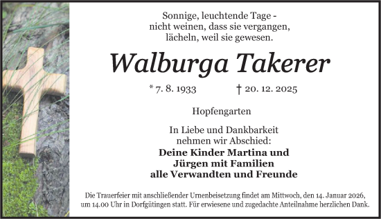 Traueranzeige von Walburga Takerer von Dinkelsbühl/ Feuchtwangen