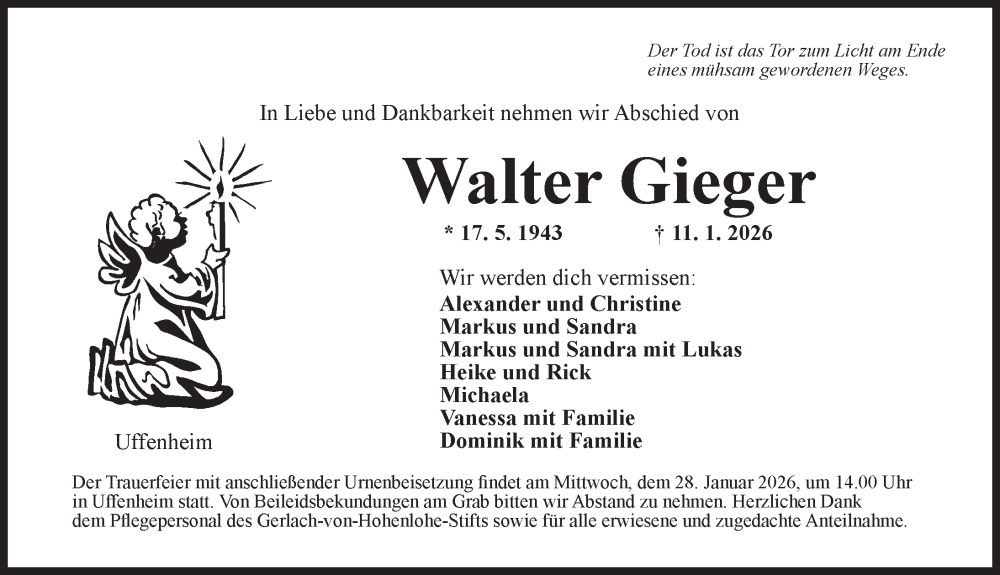  Traueranzeige für Walter Gieger vom 24.01.2026 aus Neustadt/ Scheinfeld/ Uffenheim
