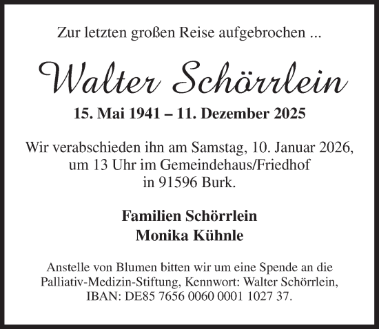 Traueranzeige von Walter Schörrlein von Dinkelsbühl/ Feuchtwangen